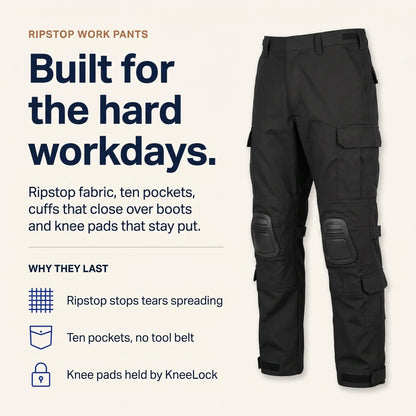 Promotional graphic of the black trousers beside short notes on ripstop fabric, ten pockets and knee pads that stay in place. 4