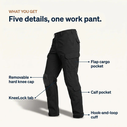 Diagram of the black trousers with labels pointing to the removable knee cap, knee tab, cargo pocket, calf pocket and cuff. 5