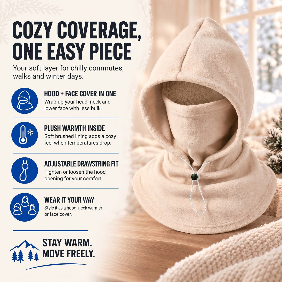 Cream fleece hood on a wintry windowsill, with feature icons describing its warmth and fit 2