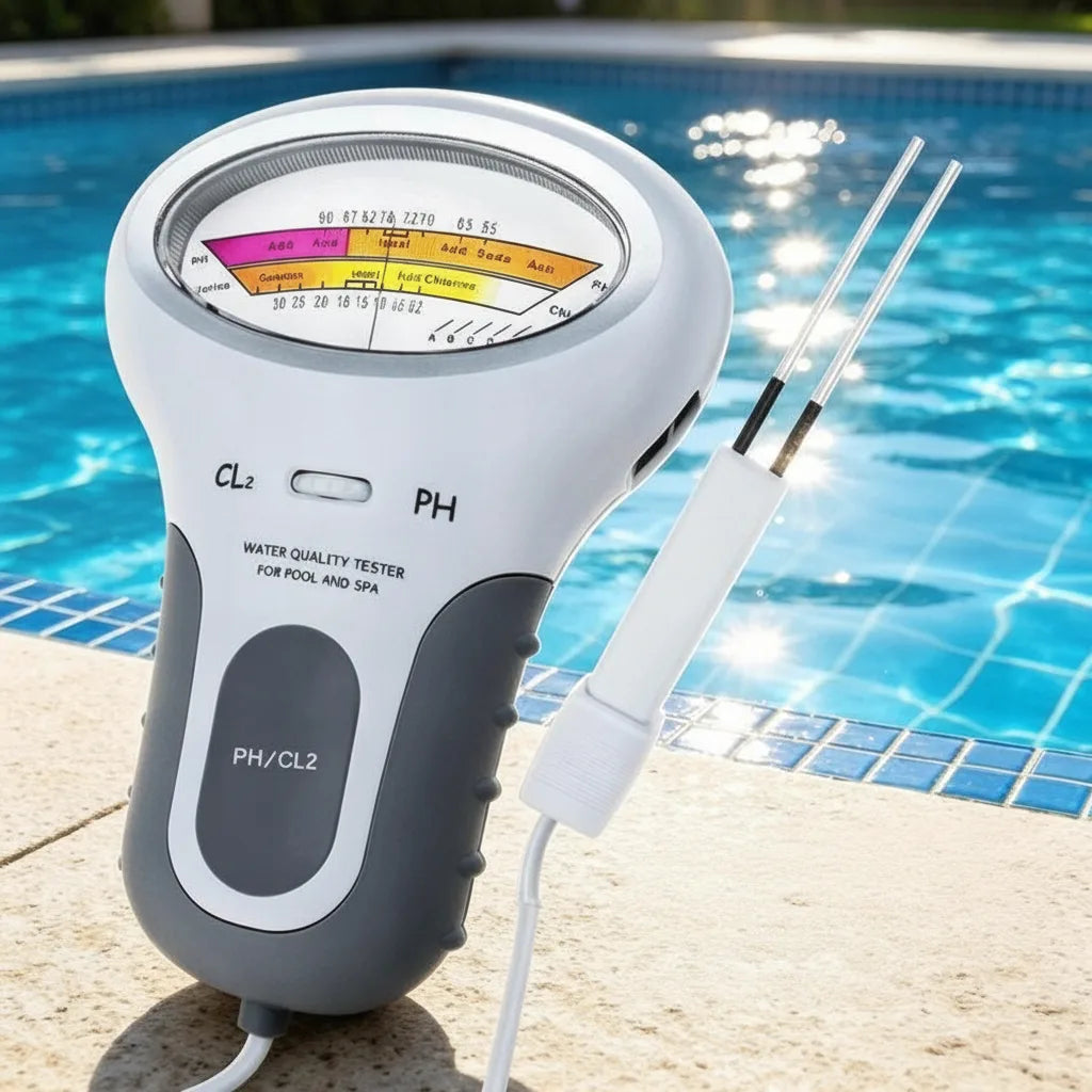 White and grey handheld tester with colour-banded dial and twin-prong probe, standing on stone paving beside a sunlit swimming pool. 1