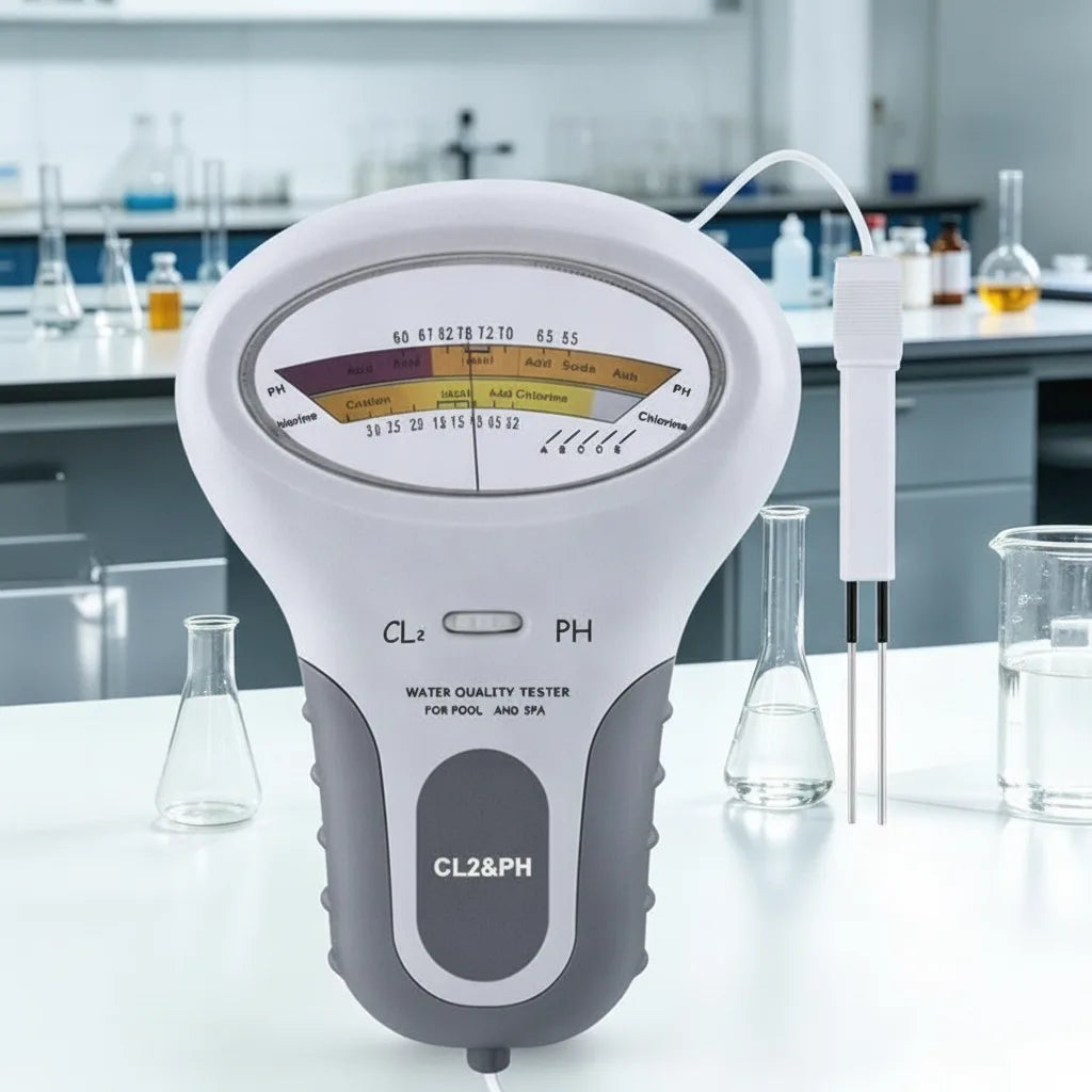 Tester upright on a white laboratory bench among glass flasks and beakers, with the twin-prong probe held out beside it. 5