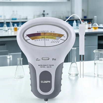 Tester upright on a white laboratory bench among glass flasks and beakers, with the twin-prong probe held out beside it. 5