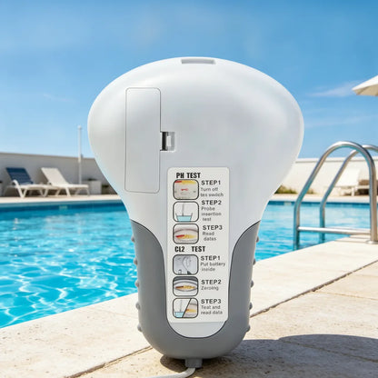 Back of the white casing showing a battery compartment and a sticker with step-by-step testing instructions, set beside a swimming pool. 6