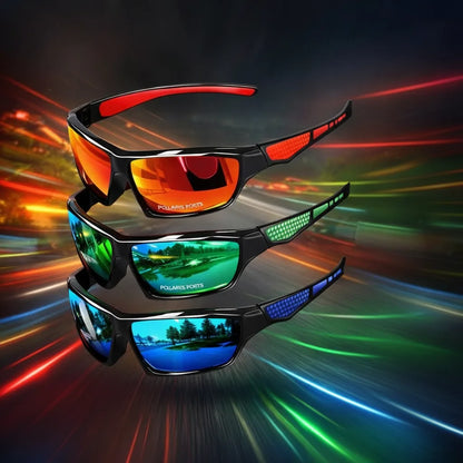 Orange, green and blue mirrored sunglasses stacked against a colourful light-streak background suggesting speed 8