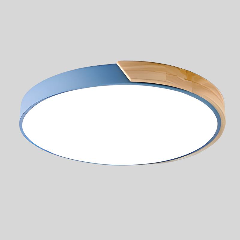 Blue round ceiling light with a wooden segment on the rim, shown from below against a plain grey background. 14