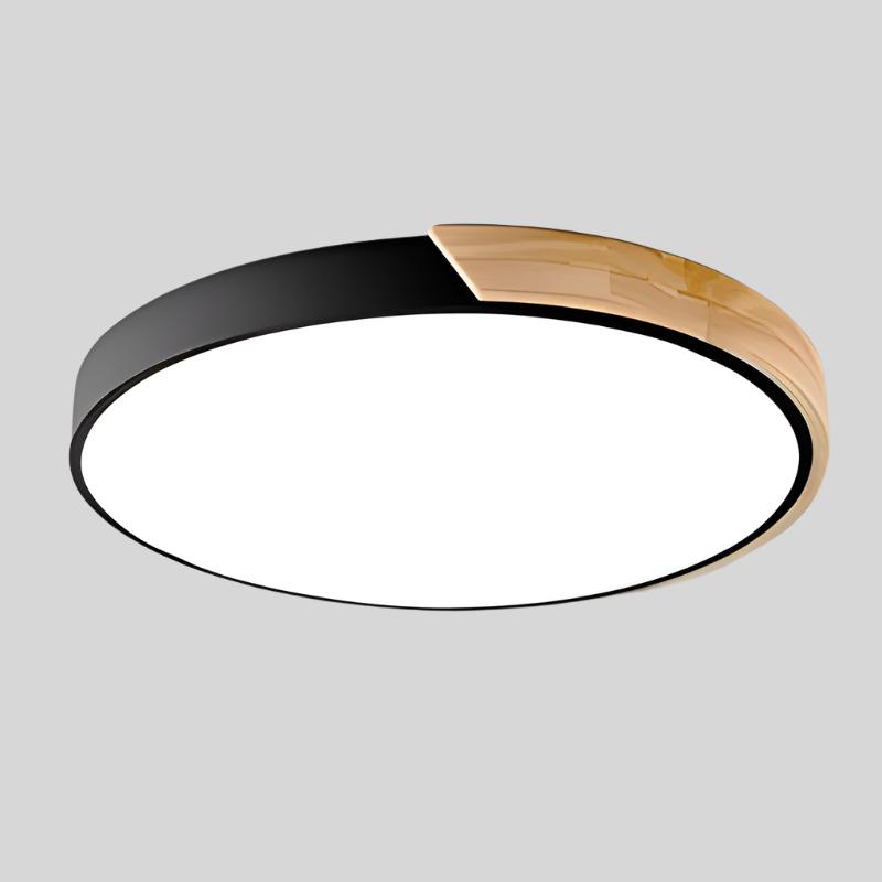 Black round ceiling light with a wooden segment on the rim, shown from below against a plain grey background. 17