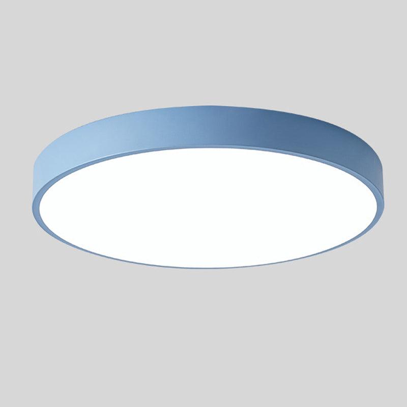 Blue round slim ceiling light with no wood accent, shown from below at an angle on a plain grey background. 8