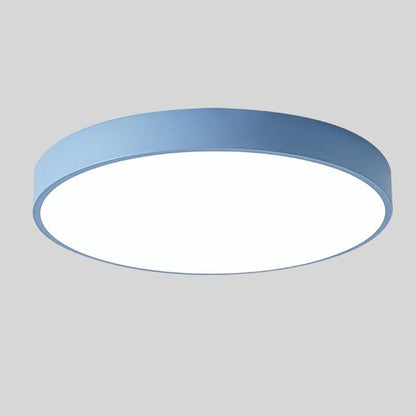 Blue round slim ceiling light with no wood accent, shown from below at an angle on a plain grey background. 8