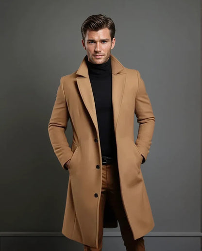 Full-length view of the camel coat on a model with his face visible, showing lapels, buttons and a knee-length cut. 5