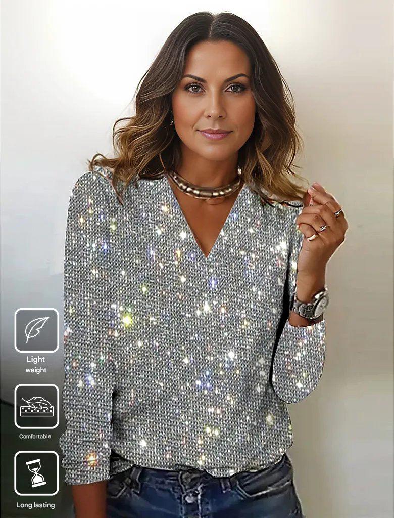 Shimmering Silver Disco Glitter V-Neck Long Sleeve - GlamFrost
