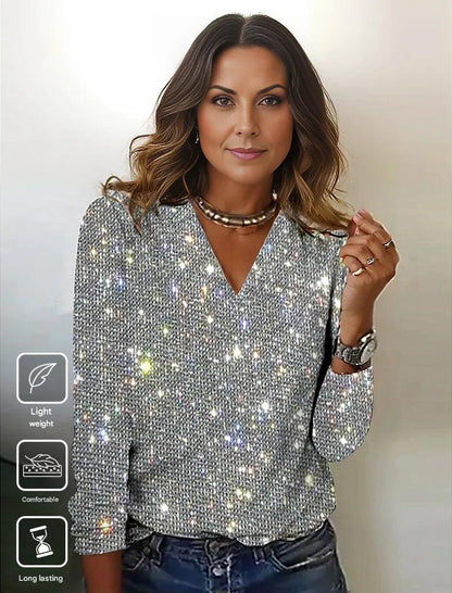 Shimmering Silver Disco Glitter V-Neck Long Sleeve - GlamFrost
