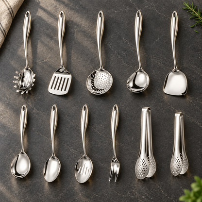 Eleven-piece silver utensil set arranged in two rows on a dark stone worktop, with linen and herbs at the corners. 8