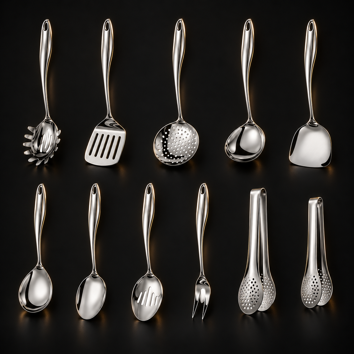 Eleven-piece polished silver utensil set on a dark background, including skimmer, ladle, spoons, fork, and two pairs of perforated tongs. 4