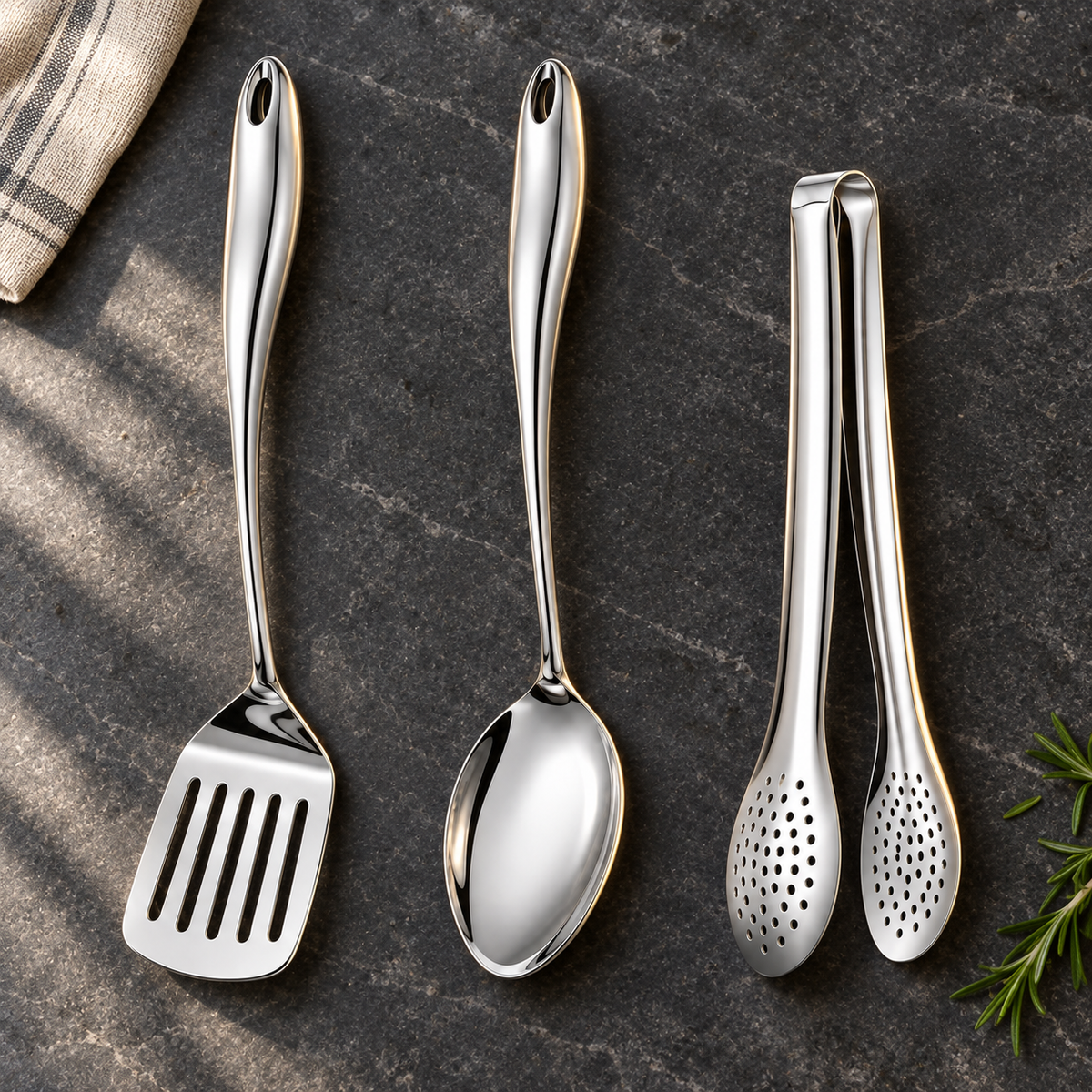 Slotted turner, solid spoon and perforated tongs laid on dark slate, with a linen cloth and a rosemary sprig nearby. 5