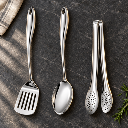 Slotted turner, solid spoon and perforated tongs laid on dark slate, with a linen cloth and a rosemary sprig nearby. 5