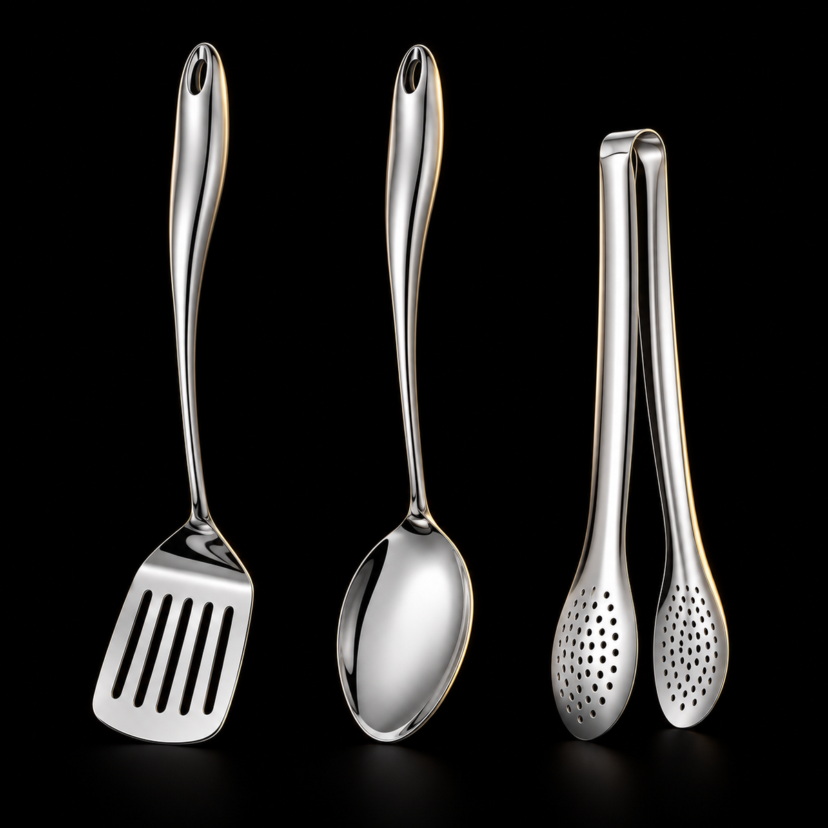 Three-piece set in polished silver on a black background: slotted turner, solid serving spoon and perforated tongs, all with curved handles. 2