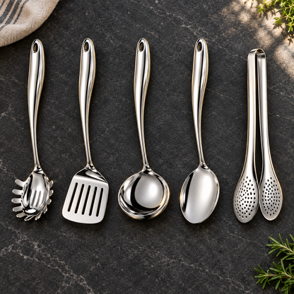 Five-piece silver utensil set laid out on dark slate with a striped linen cloth and fresh herbs at the edges. 6