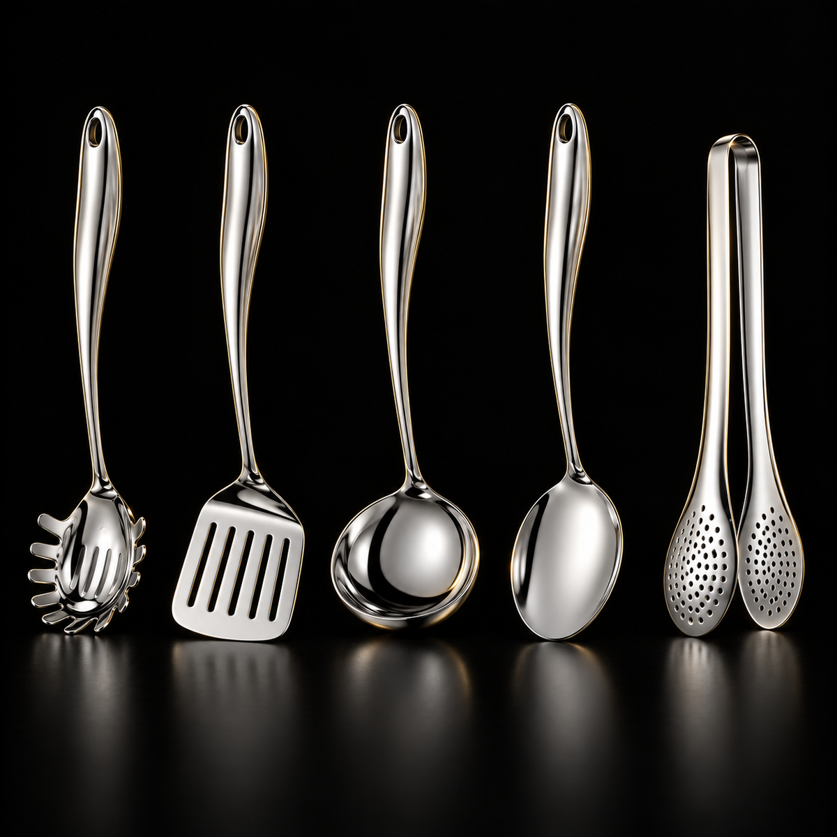 Five polished silver utensils standing upright on a black reflective surface: pasta server, slotted turner, ladle, solid spoon and perforated tongs. 1