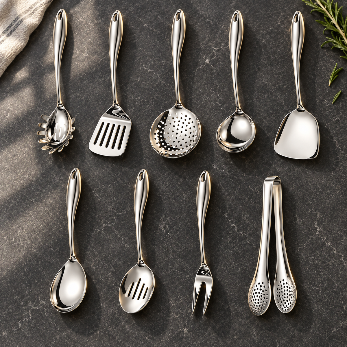 Nine-piece silver utensil set arranged in two rows on dark stone, with a linen cloth and a rosemary sprig. 7