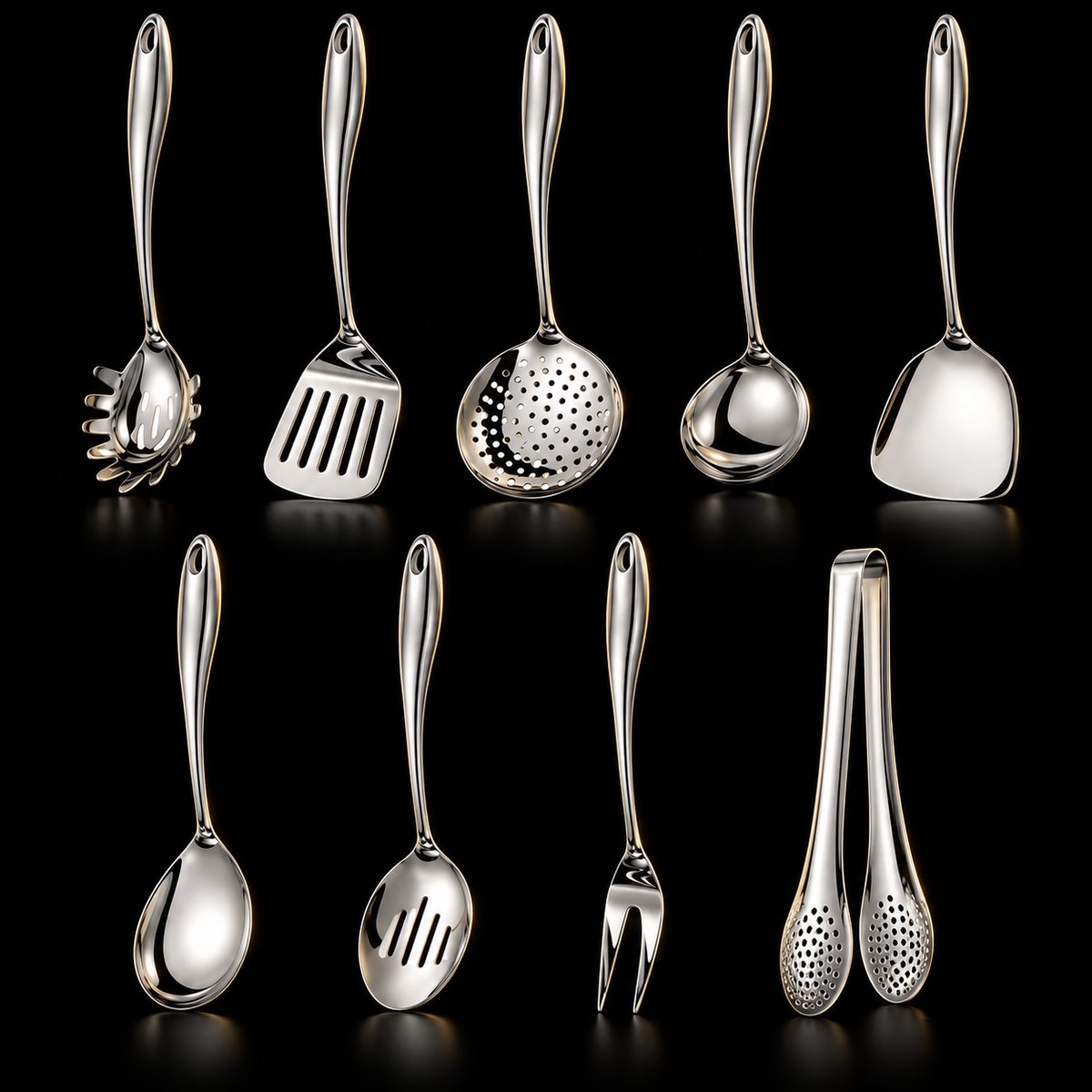 Nine-piece silver set on black: pasta server, slotted turner, skimmer, ladle, wide turner, serving spoon, slotted spoon, fork and tongs. 3
