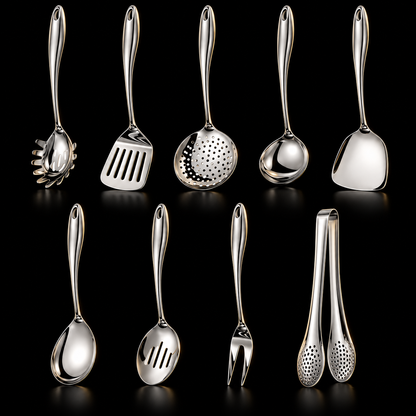 Nine-piece silver set on black: pasta server, slotted turner, skimmer, ladle, wide turner, serving spoon, slotted spoon, fork and tongs. 3