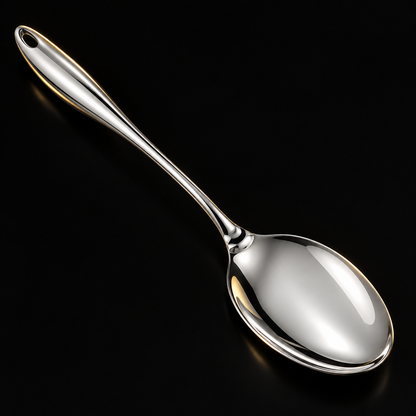 Close-up of the solid serving spoon with its curved, polished handle and hanging hole, shown at an angle on black. 13