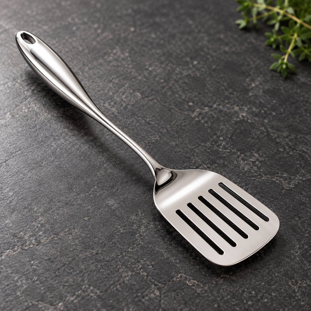Slotted turner with a polished curved handle lying on dark slate, a sprig of thyme at the top corner. 14