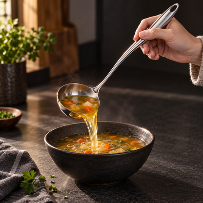 Hand pouring clear vegetable soup from the ladle into a dark ceramic bowl, steam rising from the broth. 12