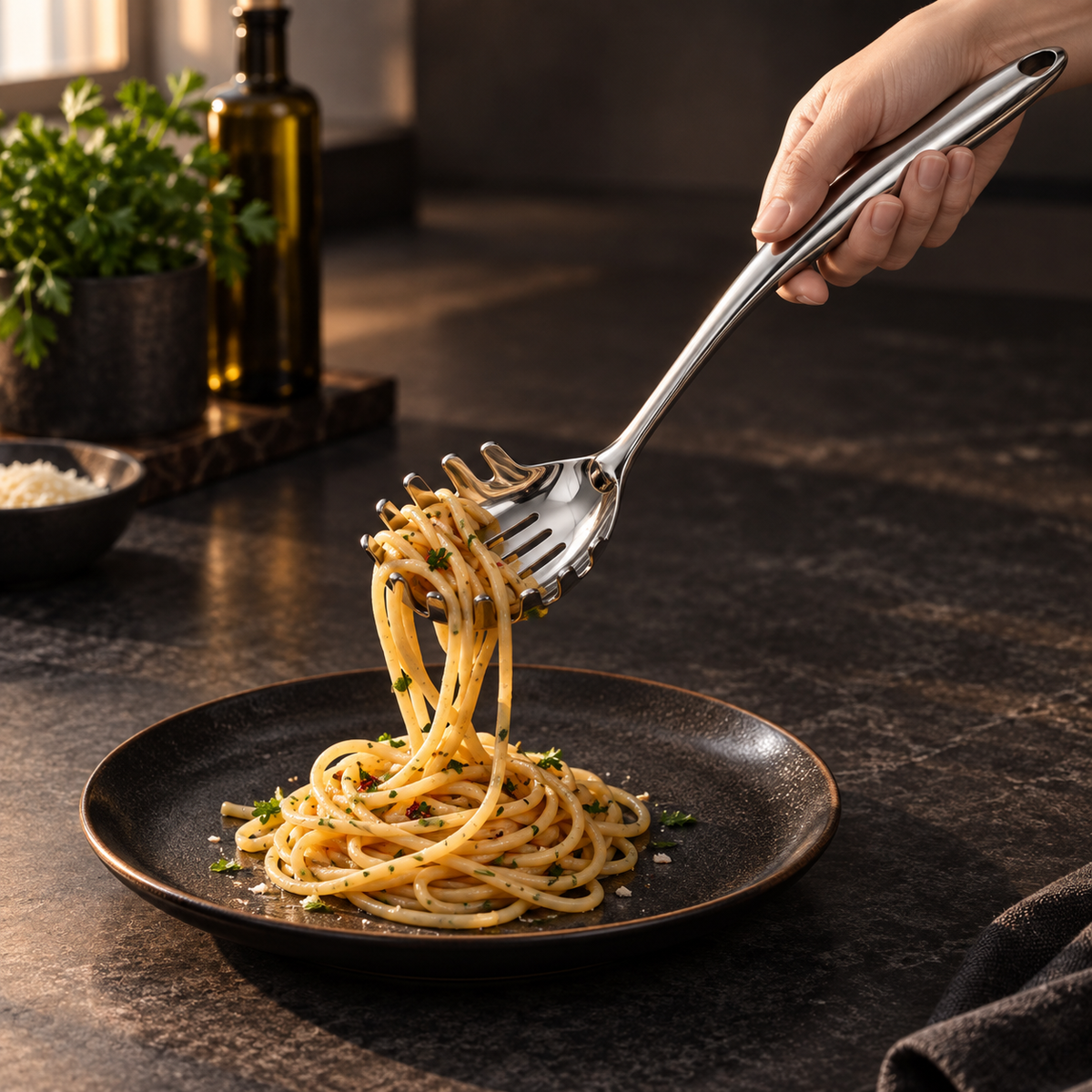 Hand lifting spaghetti with the pasta server above a dark plate, strands twirling down with parsley and chilli flakes. 11