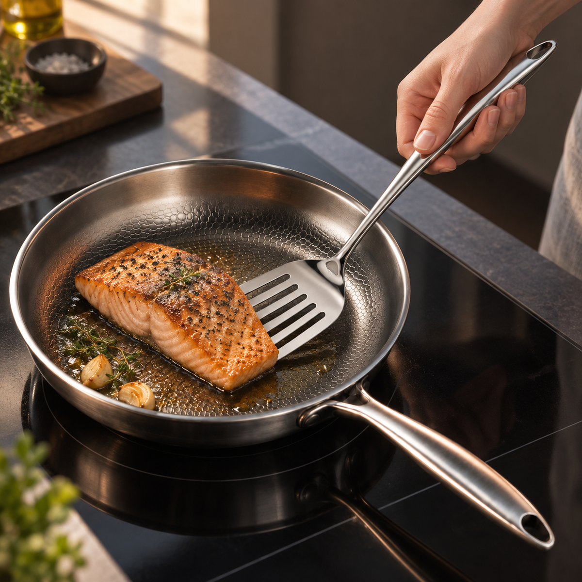 Hand lifting a pan-fried salmon fillet with the slotted turner in a steel frying pan, garlic and thyme beside it. 10