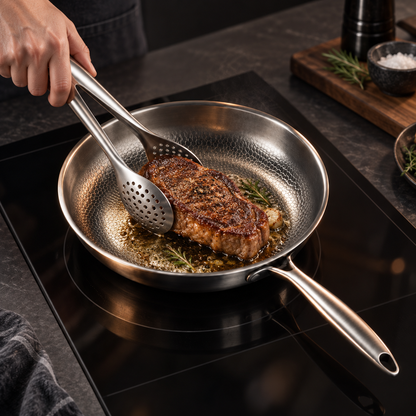 Hand using the perforated tongs to turn a seared steak in a stainless steel frying pan on an induction hob. 9
