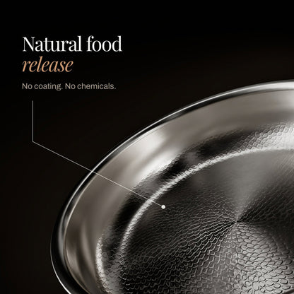 Close-up of the hammered, honeycomb-textured pan interior, with a callout about natural food release without coating 3