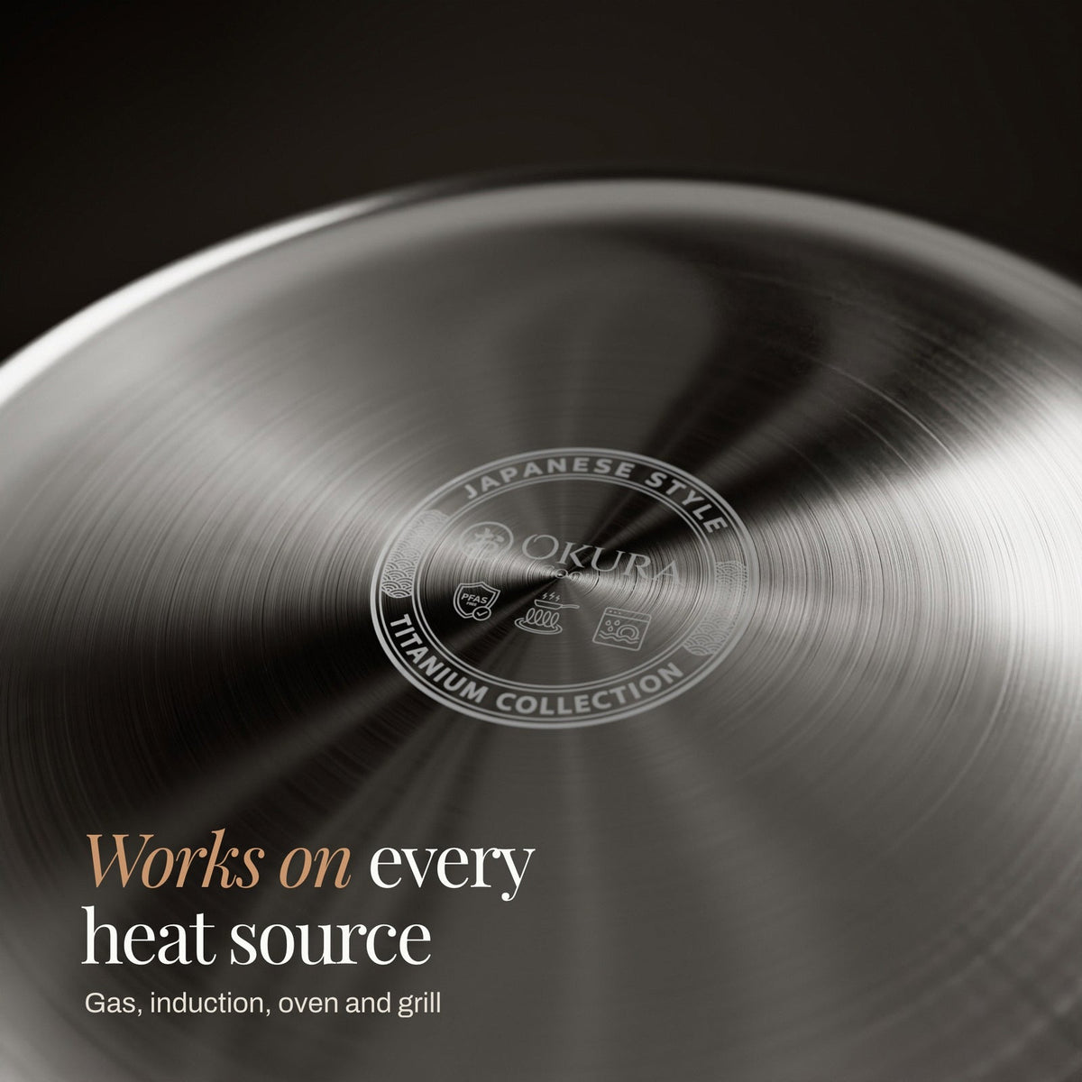 Close-up of the pan's underside, showing the brushed concentric finish and a small circular emblem with icons for heat sources. 6