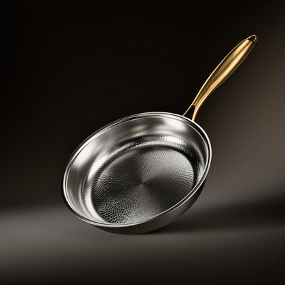 Frying pan tilted at an angle on a dark backdrop, showing the hammered scale-pattern cooking surface and a brushed gold handle. 1