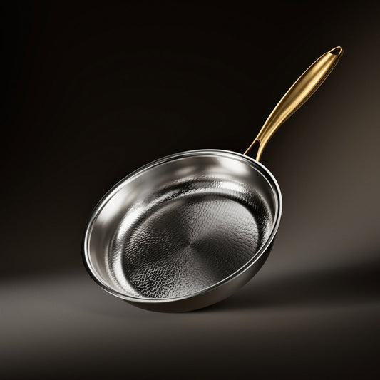 Frying pan tilted at an angle on a dark backdrop, showing the hammered scale-pattern cooking surface and a brushed gold handle. 1