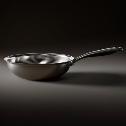 Side view of the wok pan resting on a dark surface, showing its smooth rounded outer body, flat base and long handle. 2