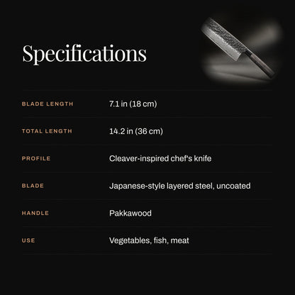 Dark specifications graphic with a small picture of the knife and a table listing blade and total length, profile, steel, handle wood and uses. 4