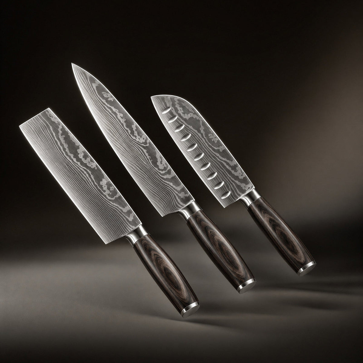 Three knives with rippled layered-steel blades and dark wooden handles hover at an angle against a dark background. 1