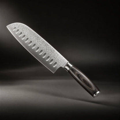 Santoku knife angled against a dark backdrop, showing the rippled layered-steel pattern, hollow indentations and dark wooden 1