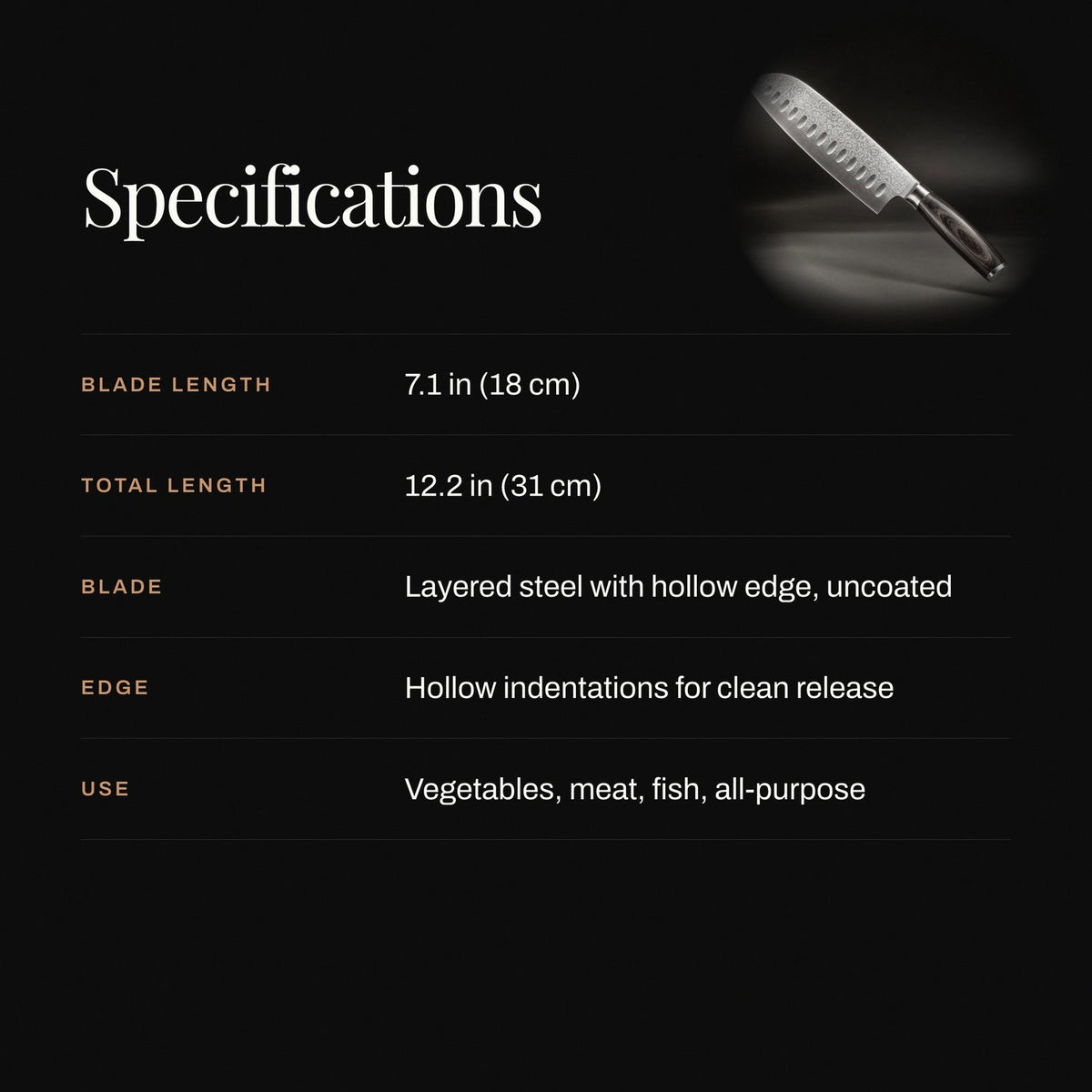 Specifications graphic on a black background listing blade length, total length, blade type, edge and uses, with a small 4