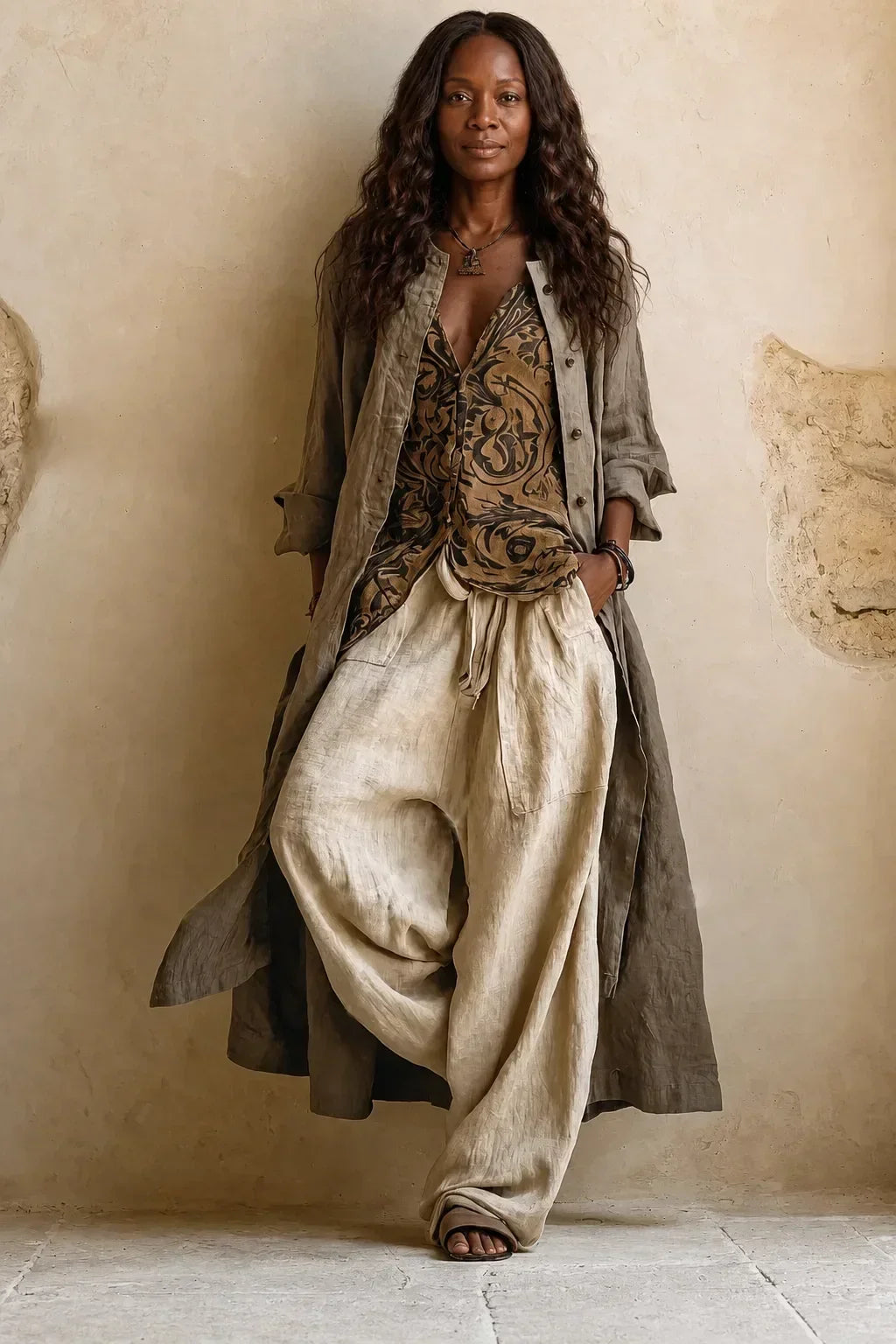 Model leaning against a wall in the complete set, long open cardigan over the patterned top and loose cream trousers, slightly different pose. 3