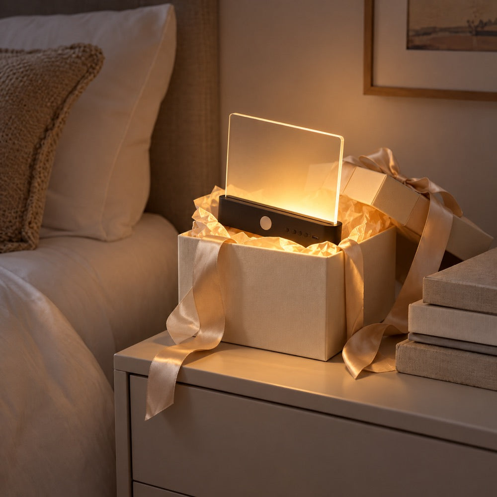 Upright lamp with a black base glowing inside an open gift box with ribbon on a bedside cabinet 11