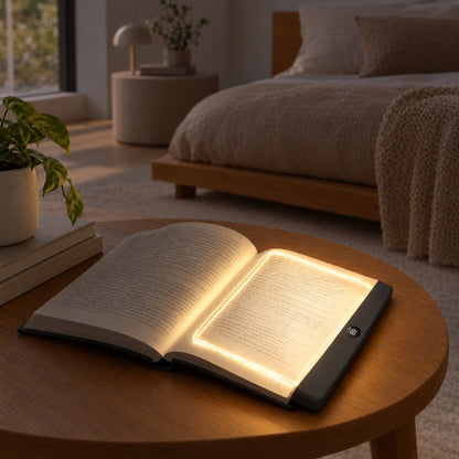 Dark-edged light panel glowing on an open book on a round wooden coffee table in a bedroom 7