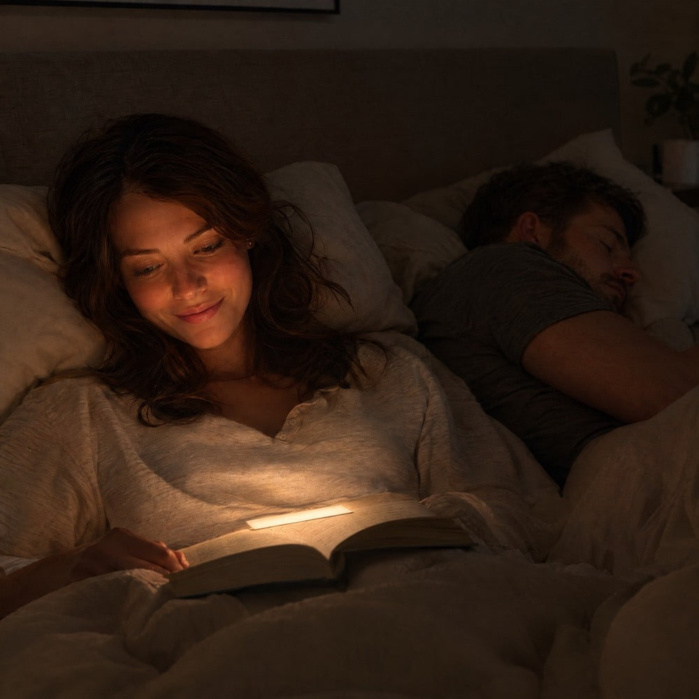 Woman reading in bed by a soft glow on her book while a man sleeps beside her 2