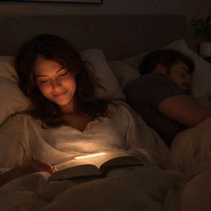 Woman reading in bed by a soft glow on her book while a man sleeps beside her 2