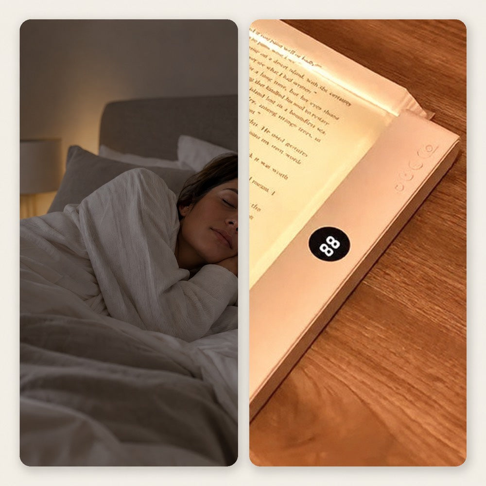 Split image of a woman sleeping peacefully beside a close-up of the lit panel's display and edge 5