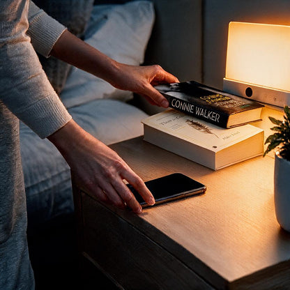 Hands placing books and a phone on a bedside table beside the glowing upright lamp 10