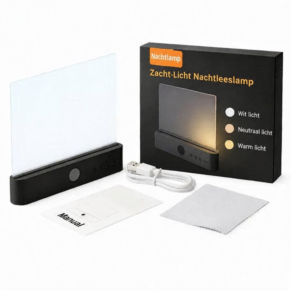 Black lamp with its retail box, USB charging cable, instruction manual and cleaning cloth laid out 13