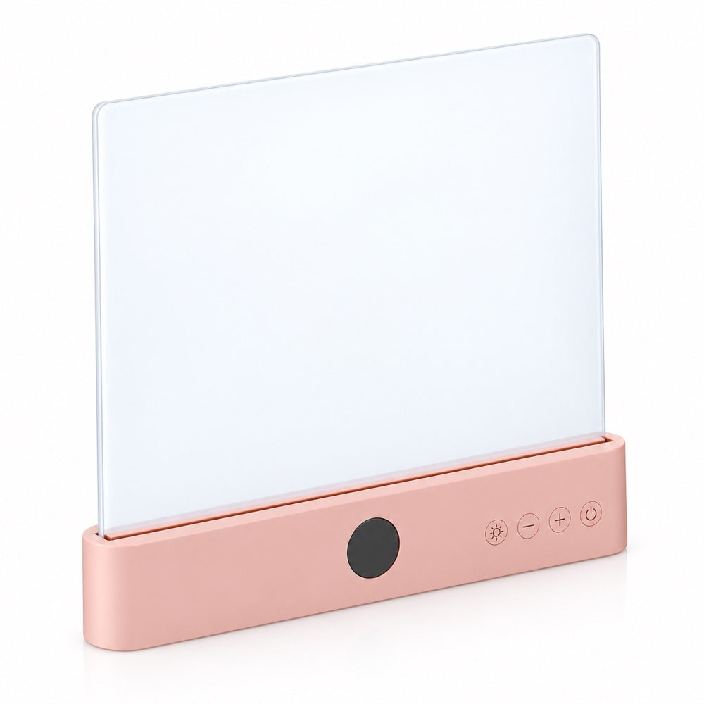 Front view of the upright lamp with a pink base, round display and four touch buttons 16