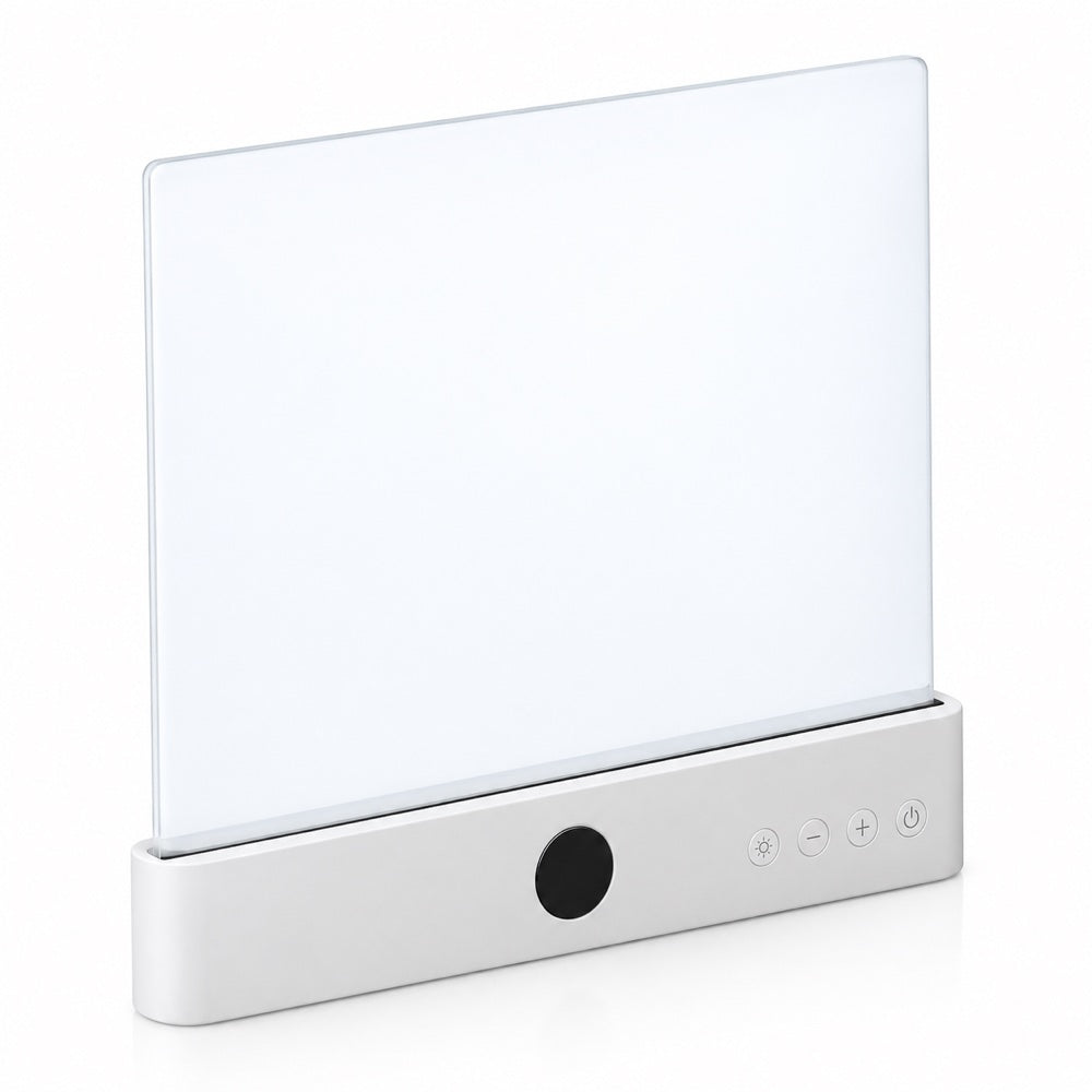 Front view of the upright lamp with a white base, round display and four touch buttons 15